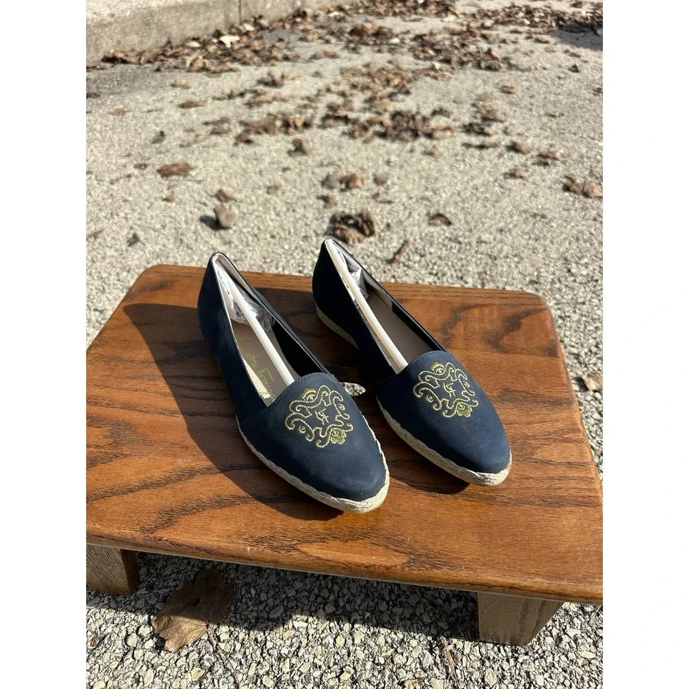 Salvatore Ferragamo Boutique Navy‎ Gold Espadrille Flats Womens 5.5 B